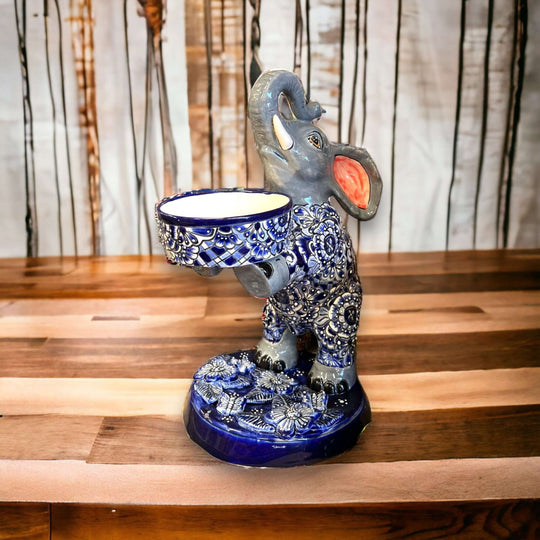 Talavera Elephant Planter | Hand-Painted Ceramic Art hand-painted blue floral ceramic elephant planter with small drainage bowl for succulents