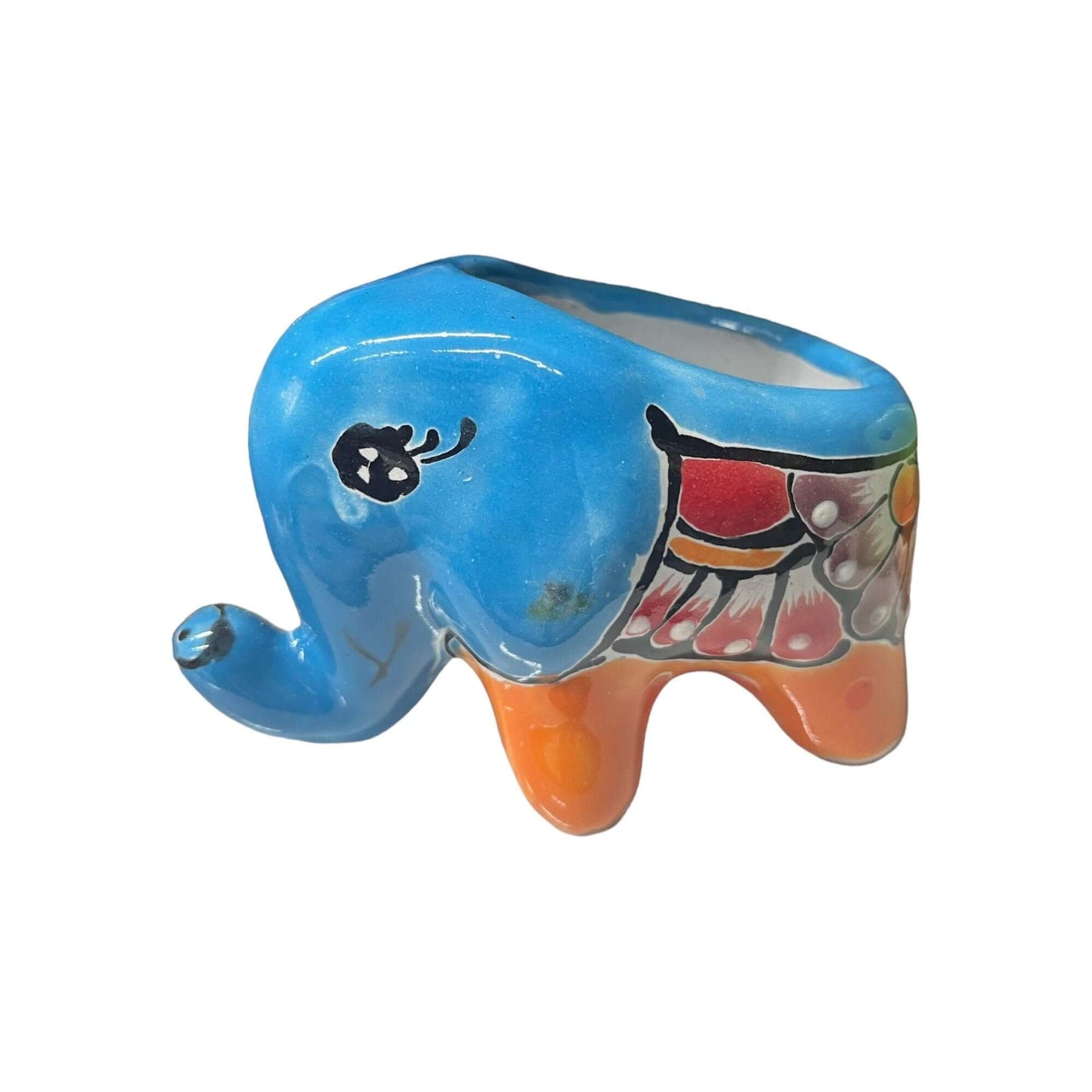 Talavera Elephant Planter | Colorful Hand-Painted Ceramic Animal Pot - blue and orange hand-painted Talavera elephant planter with floral patterns