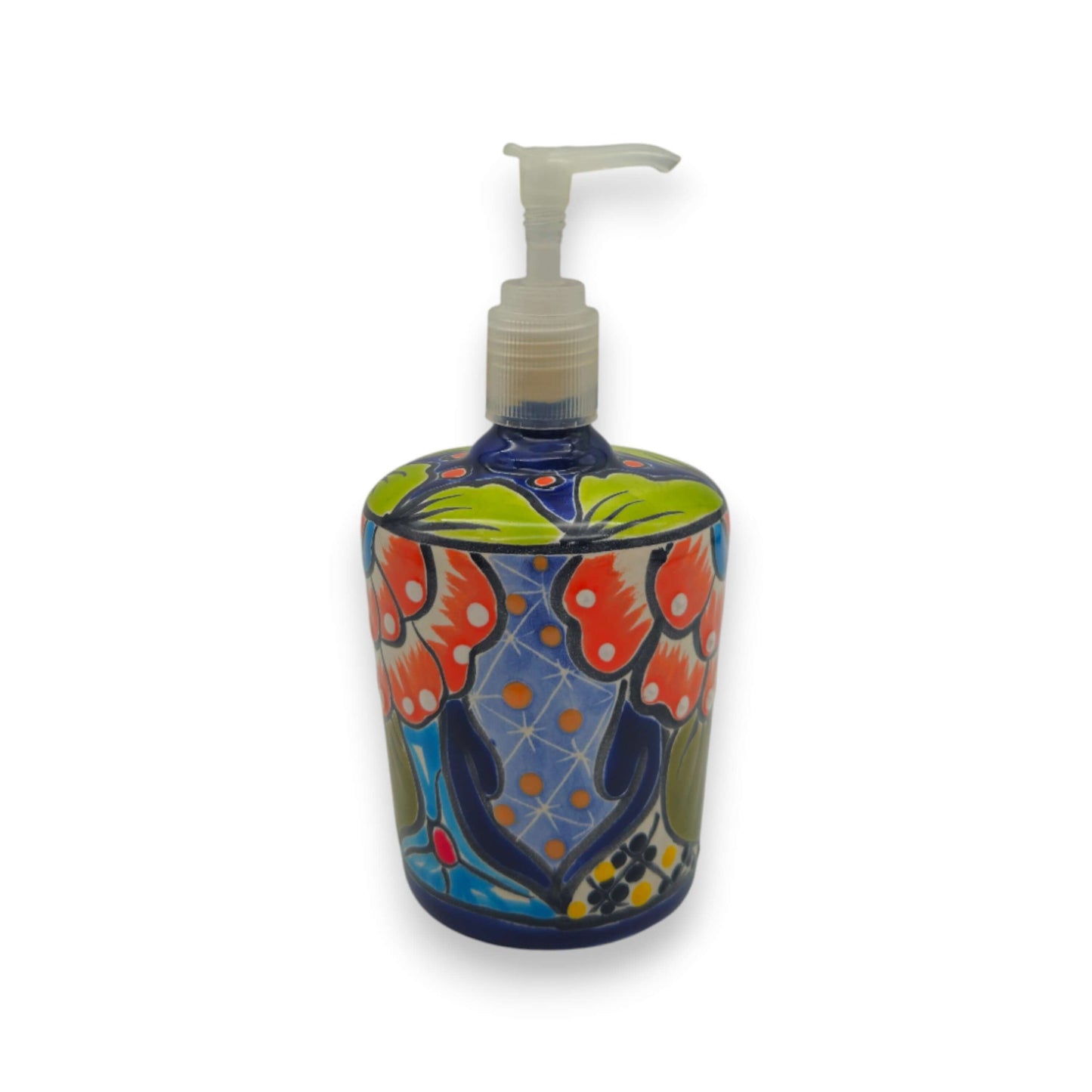 Talavera Floral Soap Pump | Hand-Painted Mexican Ceramic - hand-painted Talavera ceramic dispenser with red, green, blue floral motifs