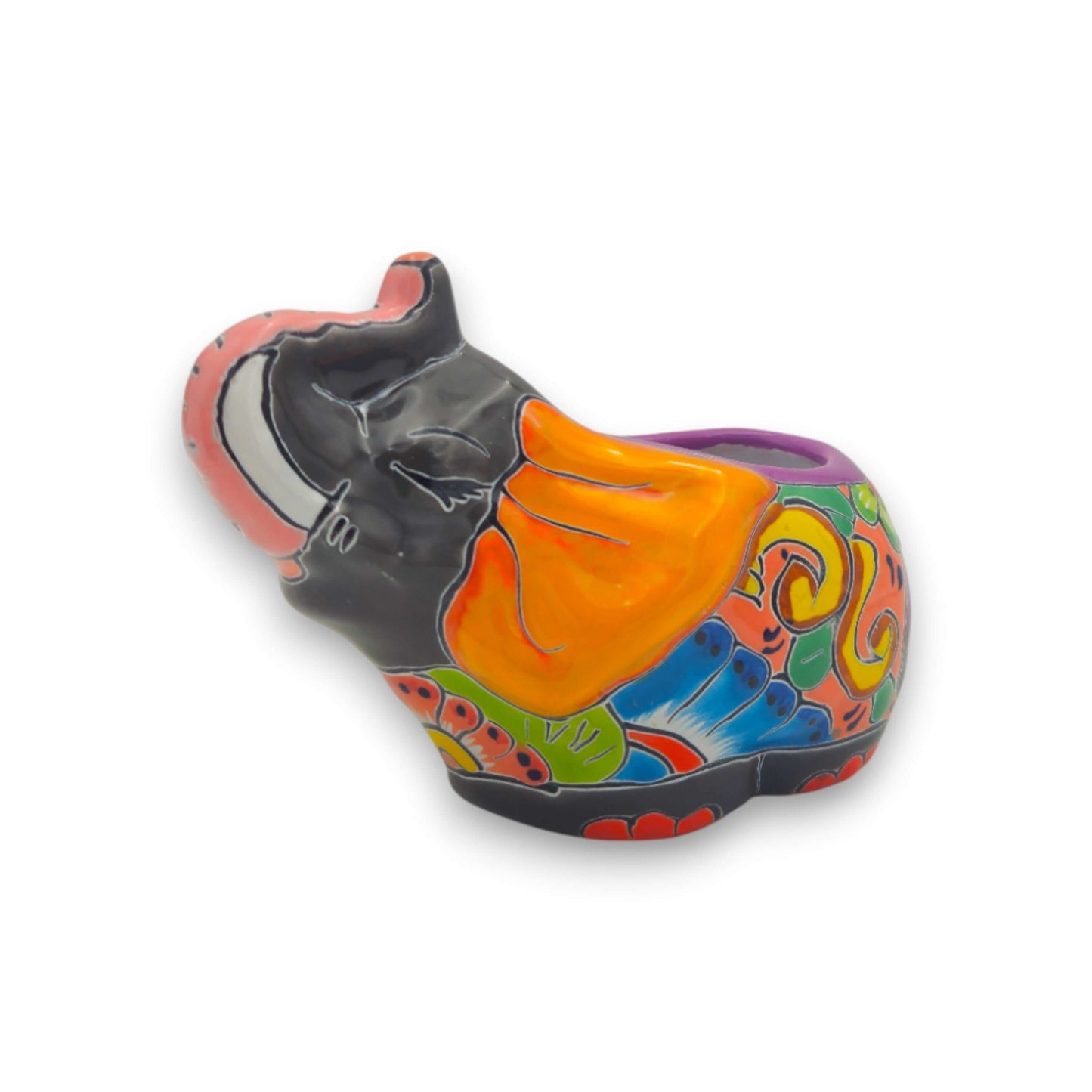 Talavera Elephant Planter | Hand-Painted Gray Ceramic Pot - handcrafted gray elephant with multicolor floral Talavera patterns and drainage hole