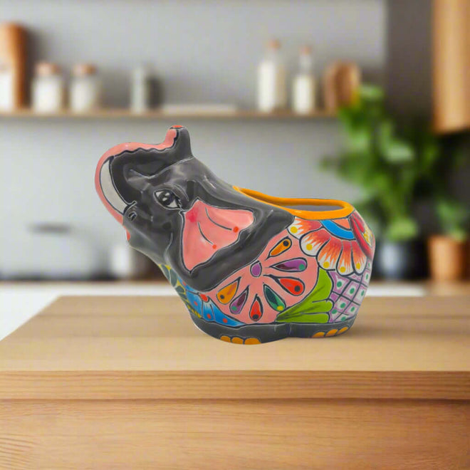 Talavera Elephant Planter | Hand-Painted Gray Ceramic Pot - handcrafted gray elephant planter with multicolor floral Talavera design