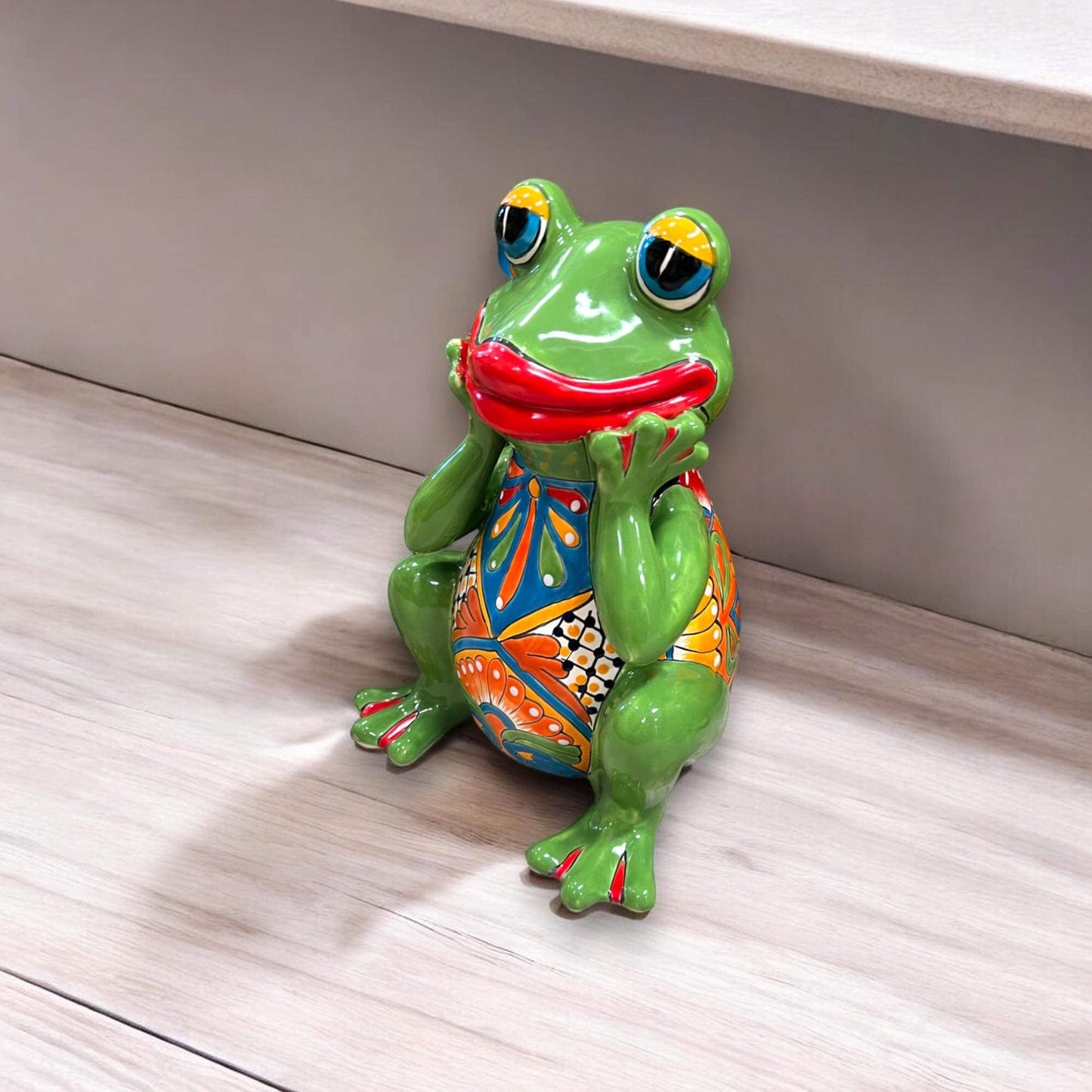 Talavera Frog Statue | Colorful Hand-Painted Mexican Decor — hand-painted green ceramic frog with floral belly, big eyes and cheerful grin