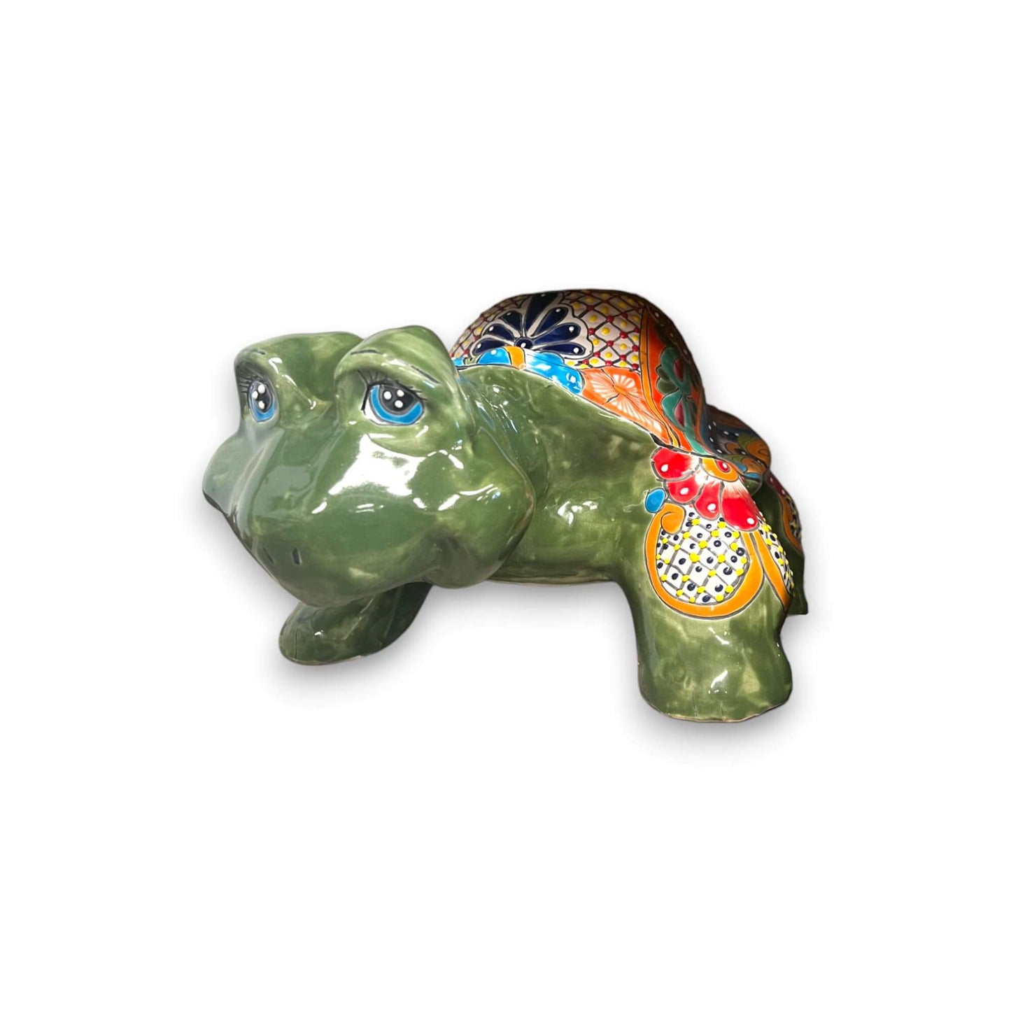 Talavera Turtle Statue | Hand-Painted Mexican Ceramic Tortoise - hand-painted green Talavera ceramic turtle with floral geometric shell