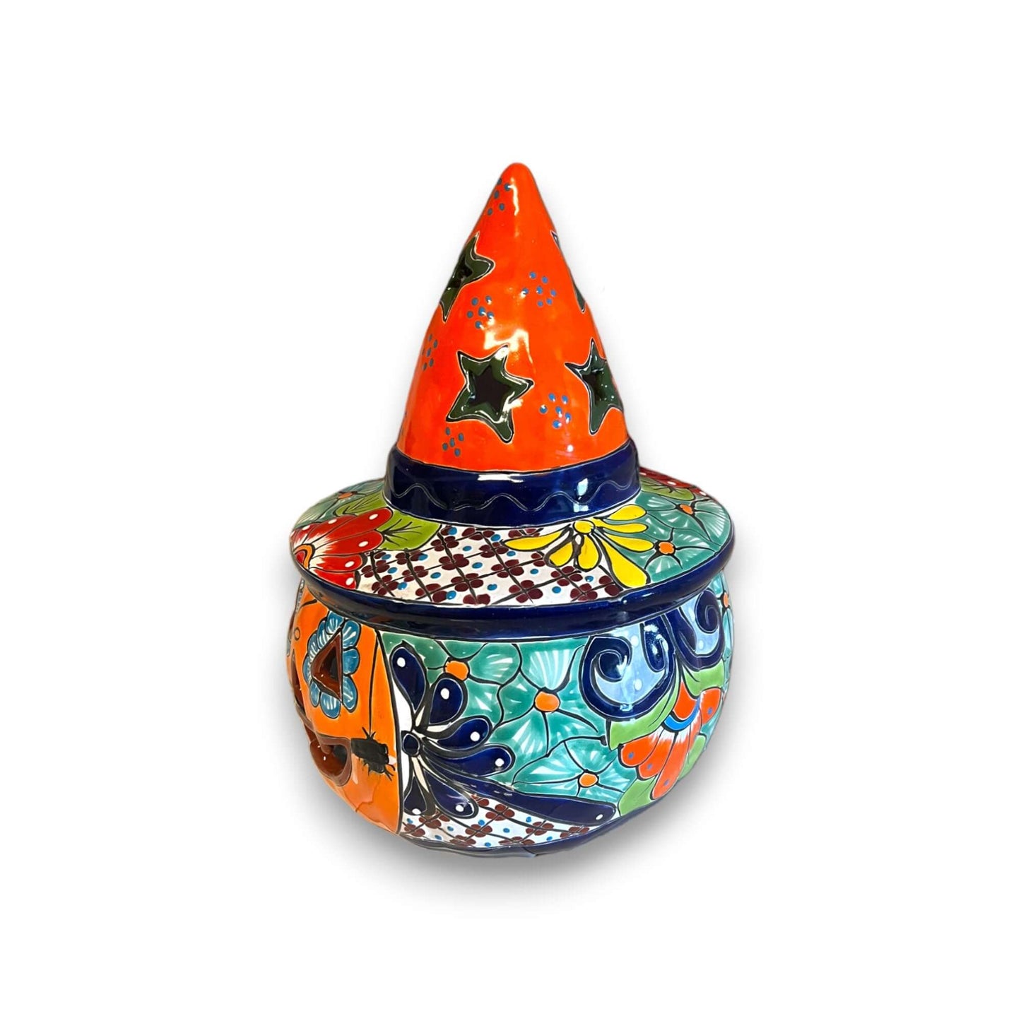 Talavera Jack-o'-Lantern | Mexican Pumpkin with Witches Hat hand-painted Talavera ceramic pumpkin with colorful witches hat and floral motifs