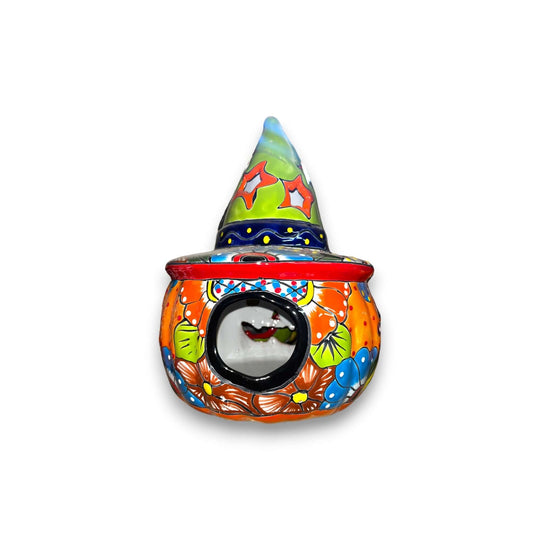 Talavera Jack-o'-Lantern | Mexican Pumpkin with Witches Hat - hand-painted Talavera pumpkin with colorful witches hat and floral motifs
