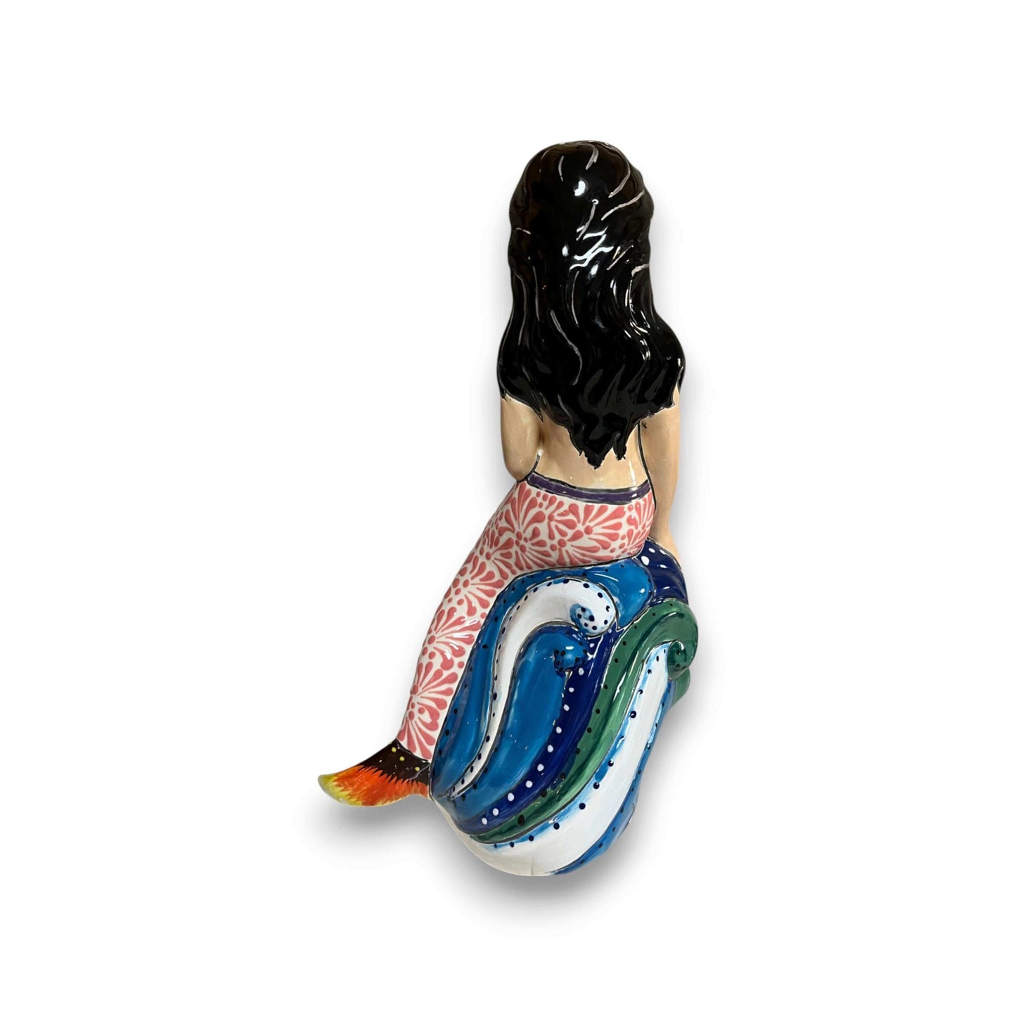 Talavera Mermaid Figurine | Hand-Painted Mexican Pottery - hand-painted Talavera mermaid with floral red-green tail, coral top and flowing black hair