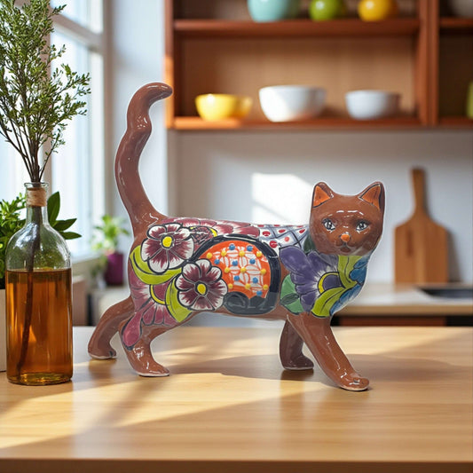 Talavera Cat Figurine | Hand-Painted Mexican Folk Art - hand-painted colorful floral cat figurine from Guanajuato, lead-free glazed