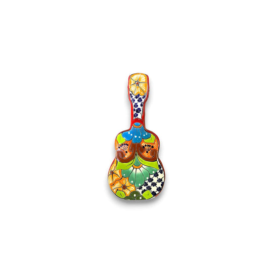 Talavera Guitar Statue | Hand-Painted Mexican Folk Art Decor - vibrant hand-painted Talavera guitar sculpture with floral and geometric patterns