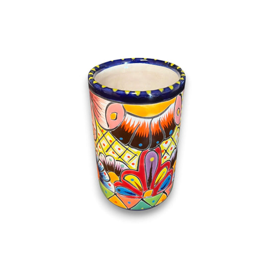 Talavera Tumbler Cup | Hand-Painted Mexican Ceramic Glass - hand-painted tall ceramic tumbler with cobalt rim and colorful floral Talavera design