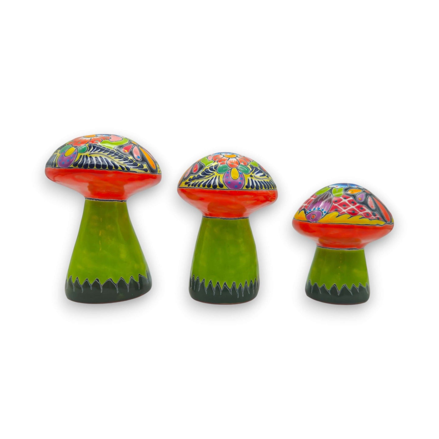 Talavera Mushroom Set | Vibrant Hand-Painted Mexican Decor - trio of hand-painted Talavera ceramic mushrooms with bright folk patterns