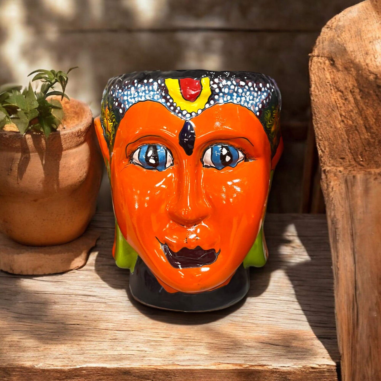 Talavera Face Planter | Hand-Painted Mexican Lady Pot Folk Art - vivid orange hand-painted ceramic face planter from Guanajuato, Mexico