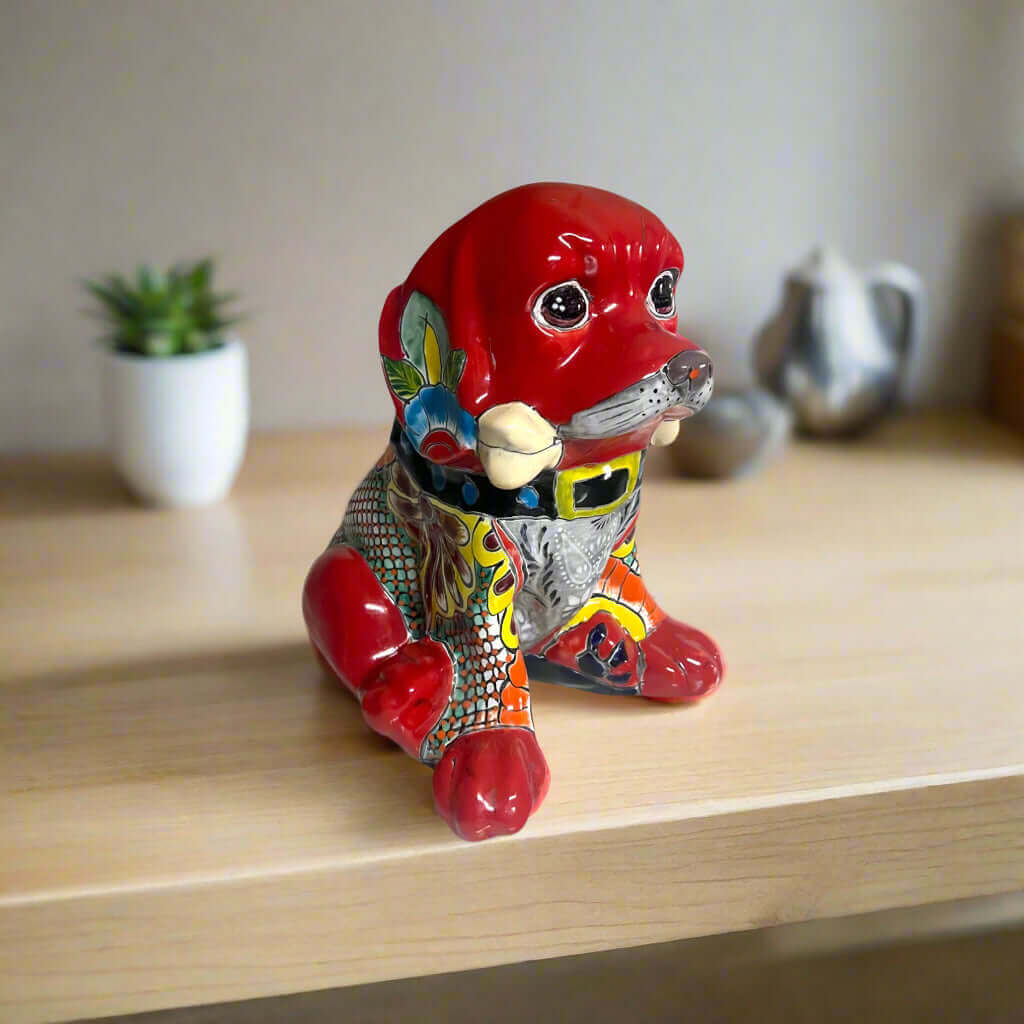 Talavera Dog Statue | Colorful Hand-Painted Mexican Puppy Decor - red hand-painted Talavera ceramic puppy with floral and geometric designs