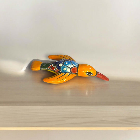 Talavera Hummingbird Wall Art | Mexican Hand-Painted Bird Decor - hand-painted red and orange Talavera hummingbird with floral navy and green accents