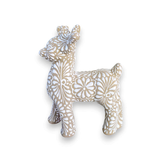 Talavera Reindeer Trio | Hand-Painted Christmas Relief Set - single neutral floral relief reindeer statue, hand-painted kiln-fired, lead-free glaze, Guanajuato craft