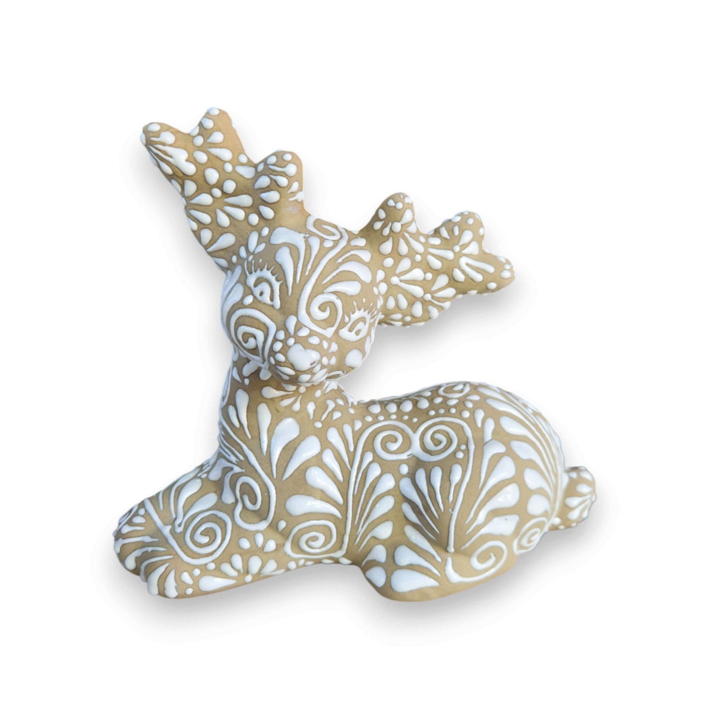 Talavera Reindeer Trio | Hand-Painted Christmas Relief Set - single hand-painted beige and white floral relief reindeer statue from Guanajuato