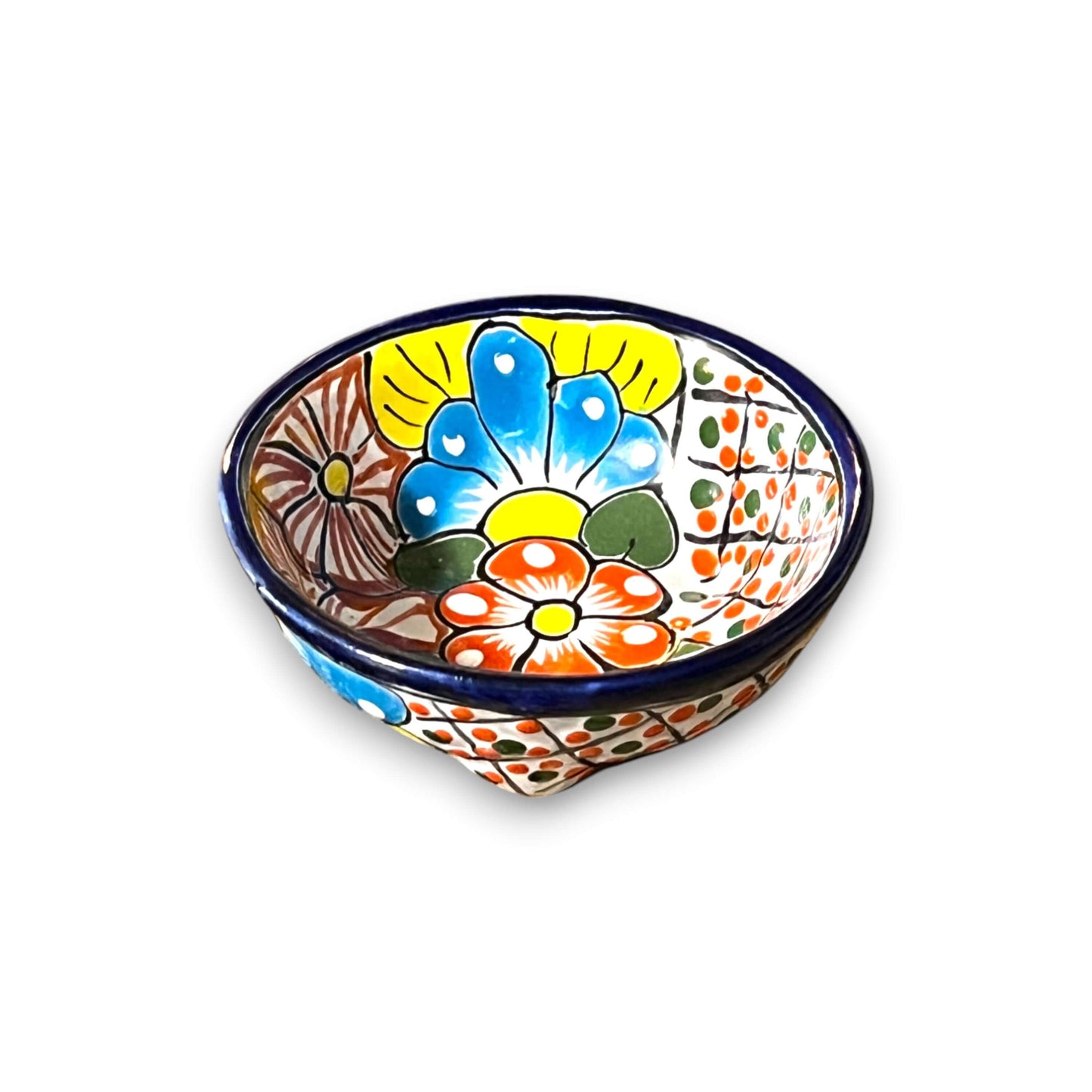 Talavera Salsa Bowl | Hand-Painted Mexican Ceramic Sauce Dish - vibrant hand-painted floral Talavera salsa bowl with cobalt blue rim