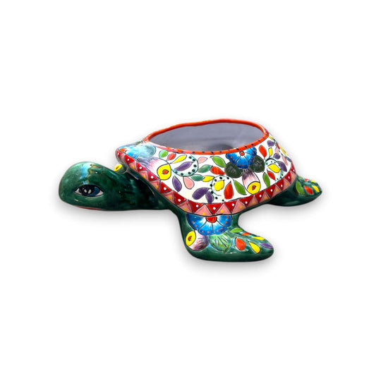 Talavera Sea Turtle Planter | Hand-Painted Mexican Ceramic Pot - colorful hand-painted turtle planter with traditional Talavera floral patterns