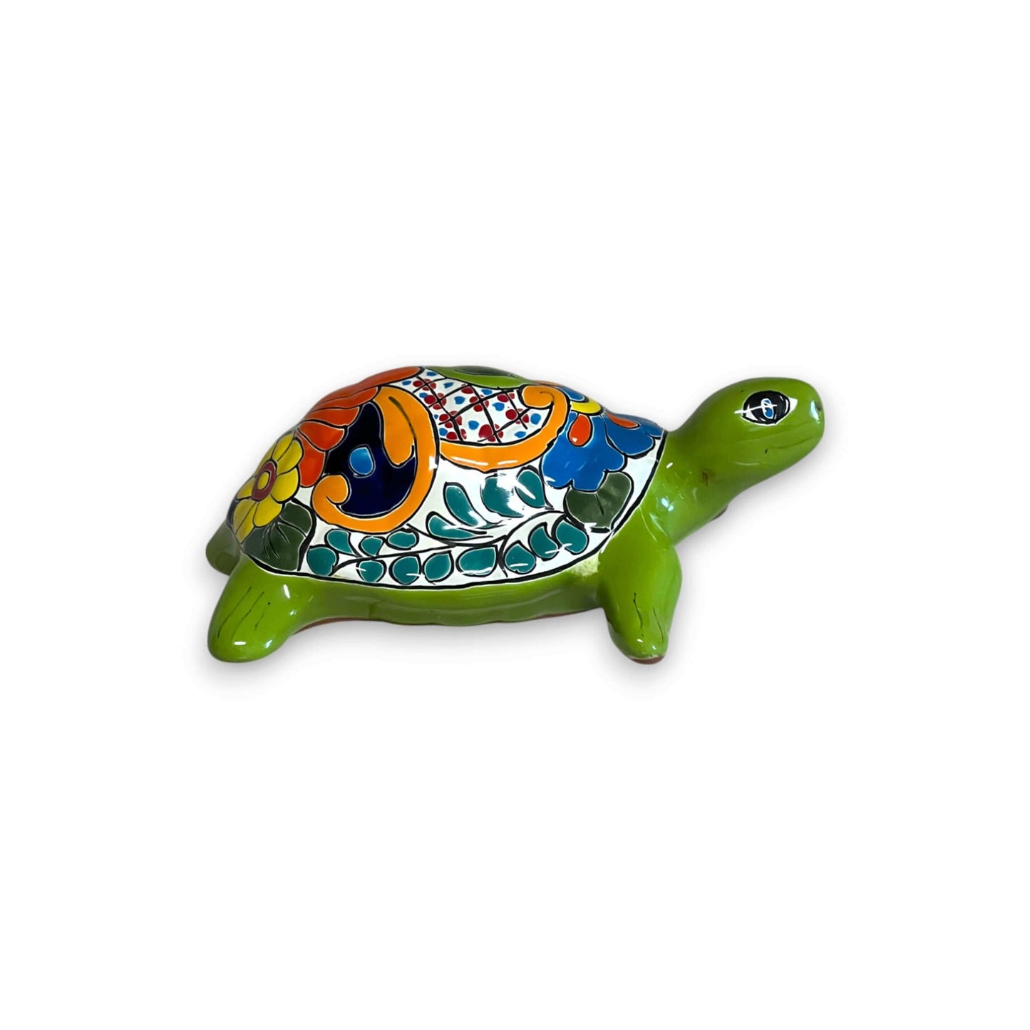Talavera Sea Turtle Statue | Colorful Hand-Painted Mexican Decor - hand-painted green Talavera turtle with floral patterns, kiln-fired lead-free glaze