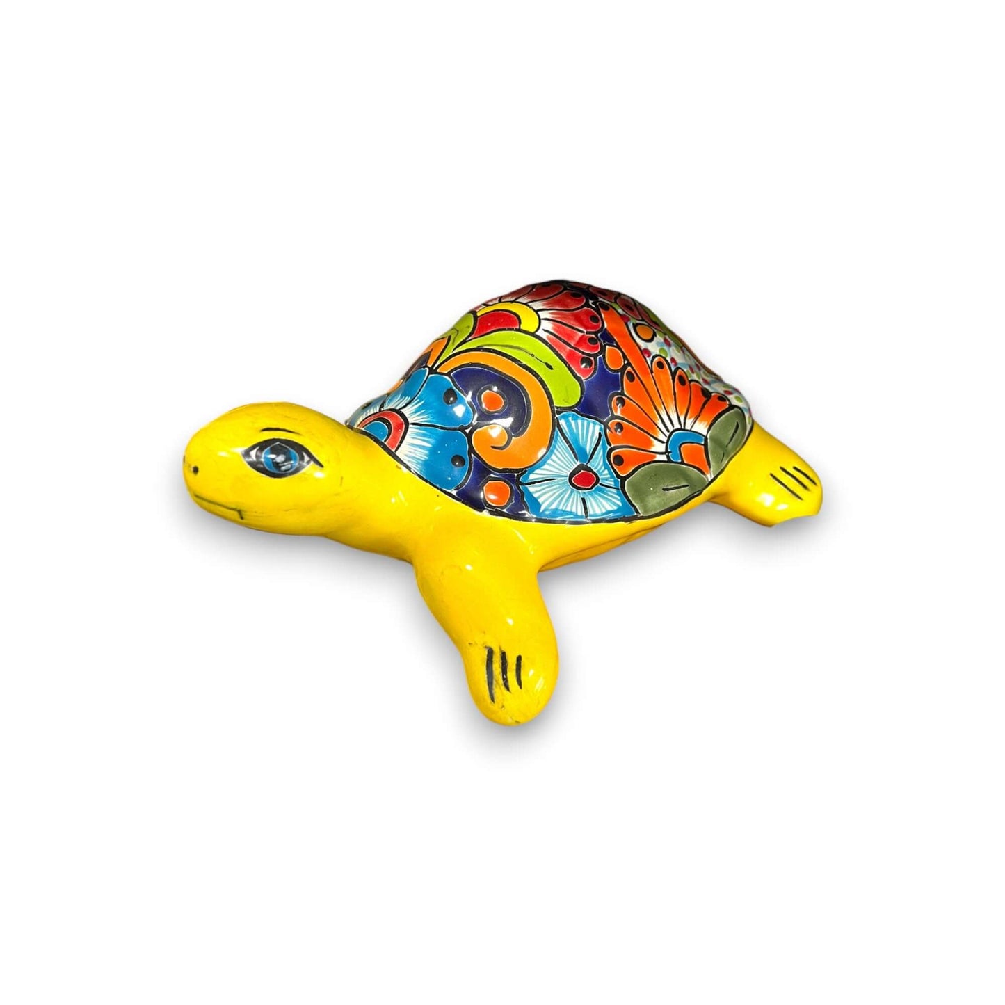 Talavera Sea Turtle Statue | Colorful Hand-Painted Mexican Decor - hand-painted yellow Talavera turtle with floral shell, kiln-fired, lead-free glaze, Guanajuato