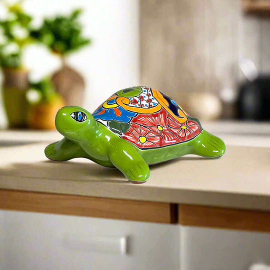 Talavera Sea Turtle Statue | Colorful Hand-Painted Mexican Decor - hand-painted green ceramic turtle with floral Talavera shell, kiln-fired lead-free glaze