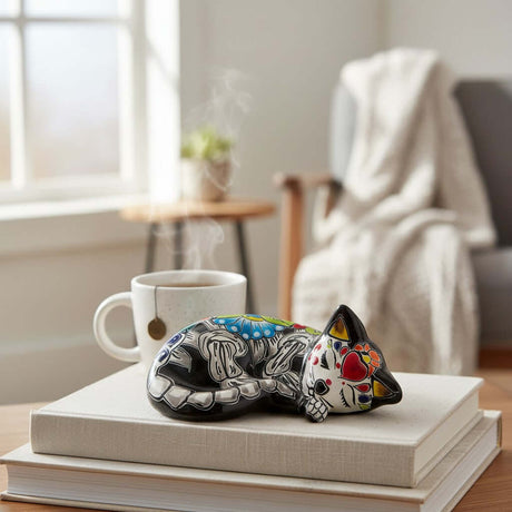 The Talavera Hub sleeping cat figurine, hand-painted ceramic with floral motifs and Day of the Dead style.