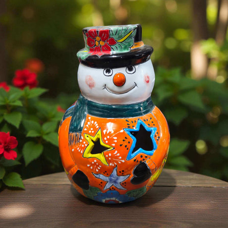 Talavera Snowman Figurine | Festive Hand-Painted Holiday Art - hand-painted orange snowman with star cutouts, green scarf, floral hat, kiln-fired from Guanajuato