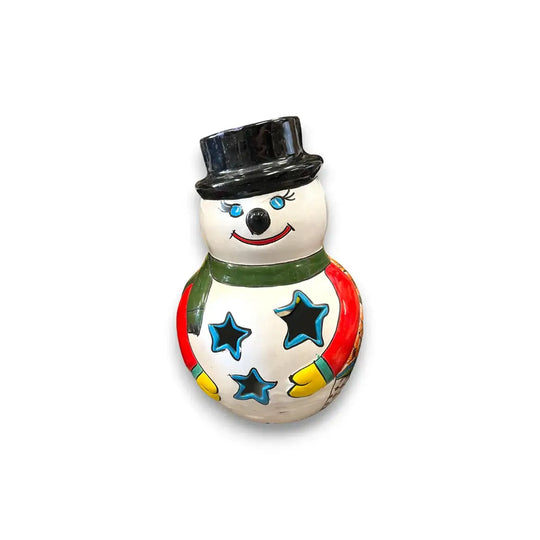 Talavera Snowman Figurine | Festive Hand-Painted Holiday Art hand-painted Mexican ceramic snowman with top hat, colorful stars and scarf