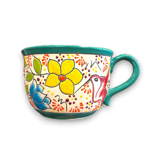 Talavera Tea Cup Planter | Hand-Painted Mexican Ceramic Pot showcasing vibrant hand-painted floral and bird design in bright blues yellows greens