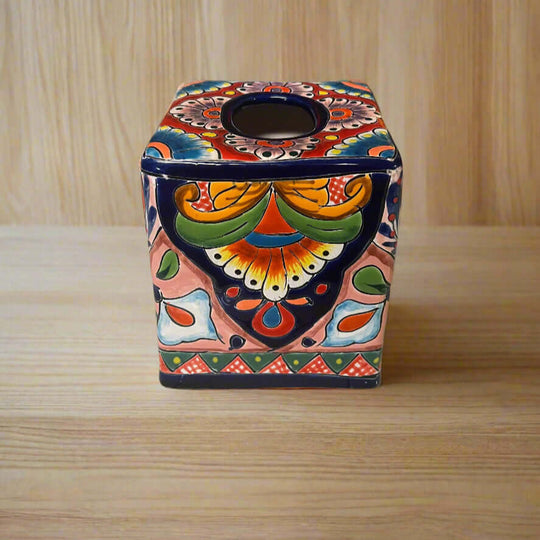 Talavera Tissue Box Cover | Colorful Hand-Painted Bathroom Decor - hand-painted Mexican ceramic square tissue box with floral Talavera design