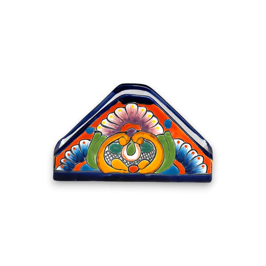 Talavera Napkin Holder | Hand-Painted Mexican Ceramic Decor - triangular hand-painted Talavera napkin holder with cobalt rim and vivid floral pattern
