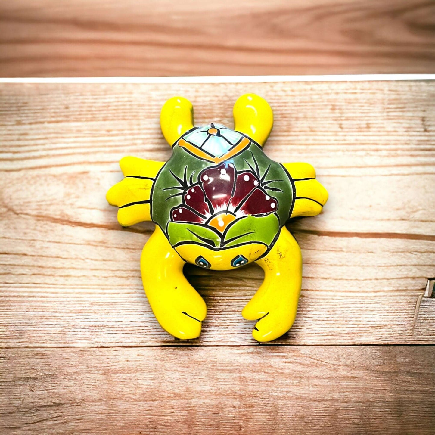 Talavera Crab Figurine | Colorful Hand-Painted Mexican Sculpture - yellow hand-painted Talavera ceramic crab with floral design on wood