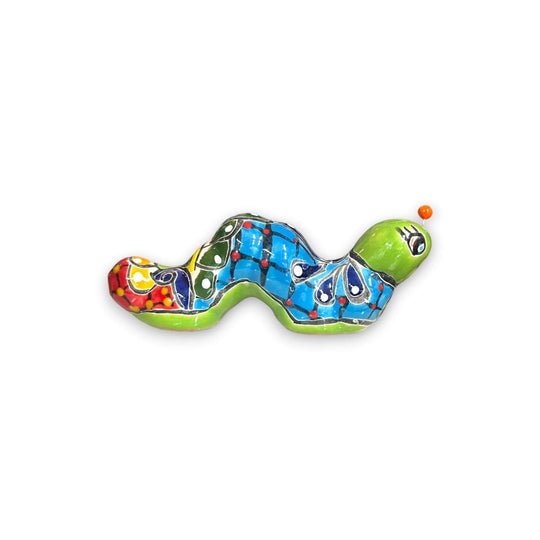 Talavera Caterpillar Art | Handcrafted Mexican Ceramic Figurine - hand-painted bright orange & blue Talavera caterpillar figurine from Guanajuato, lead-free glaze