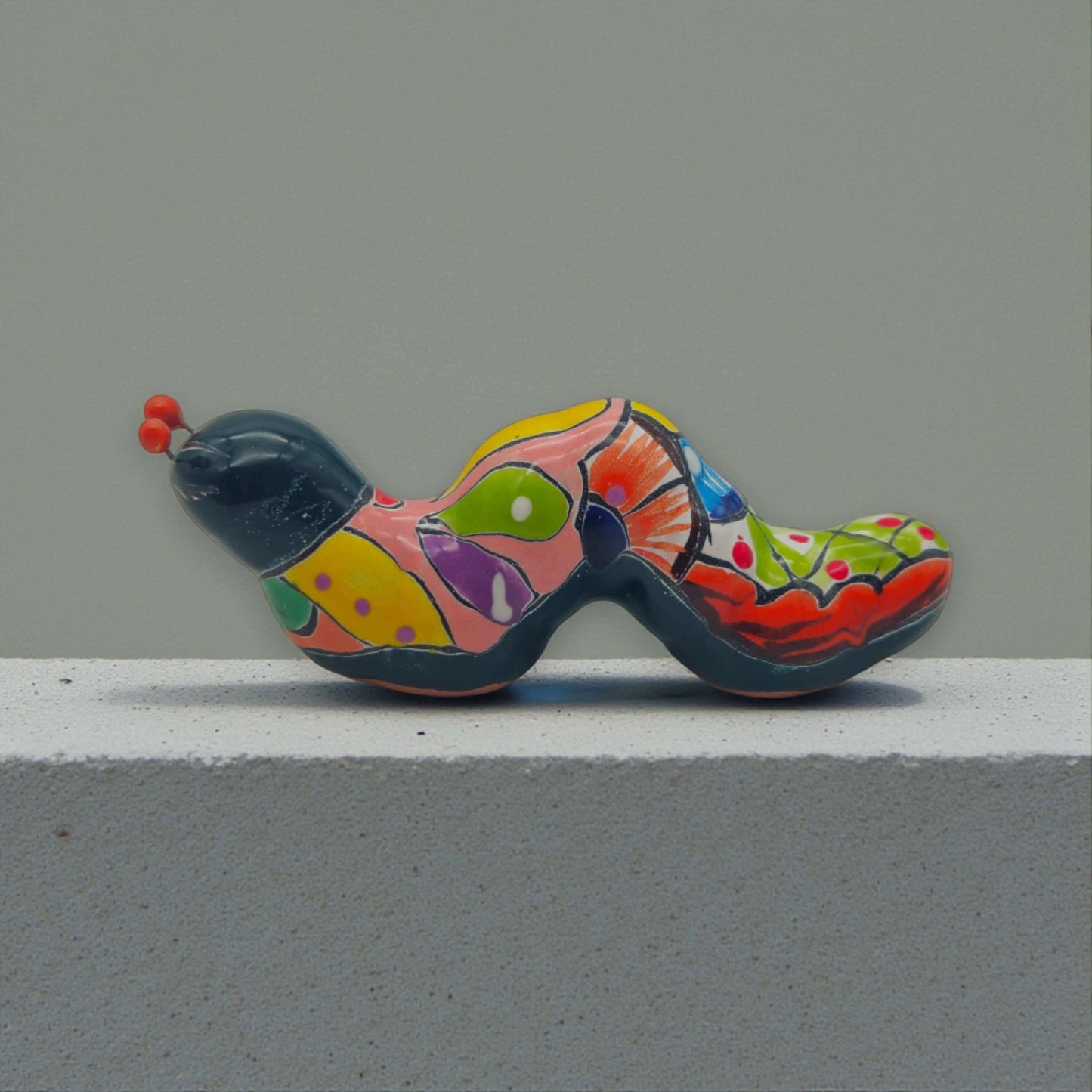 Talavera Caterpillar Art | Handcrafted Mexican Ceramic Figurine — hand-painted colorful Talavera ceramic caterpillar figurine, kiln-fired lead-free glaze