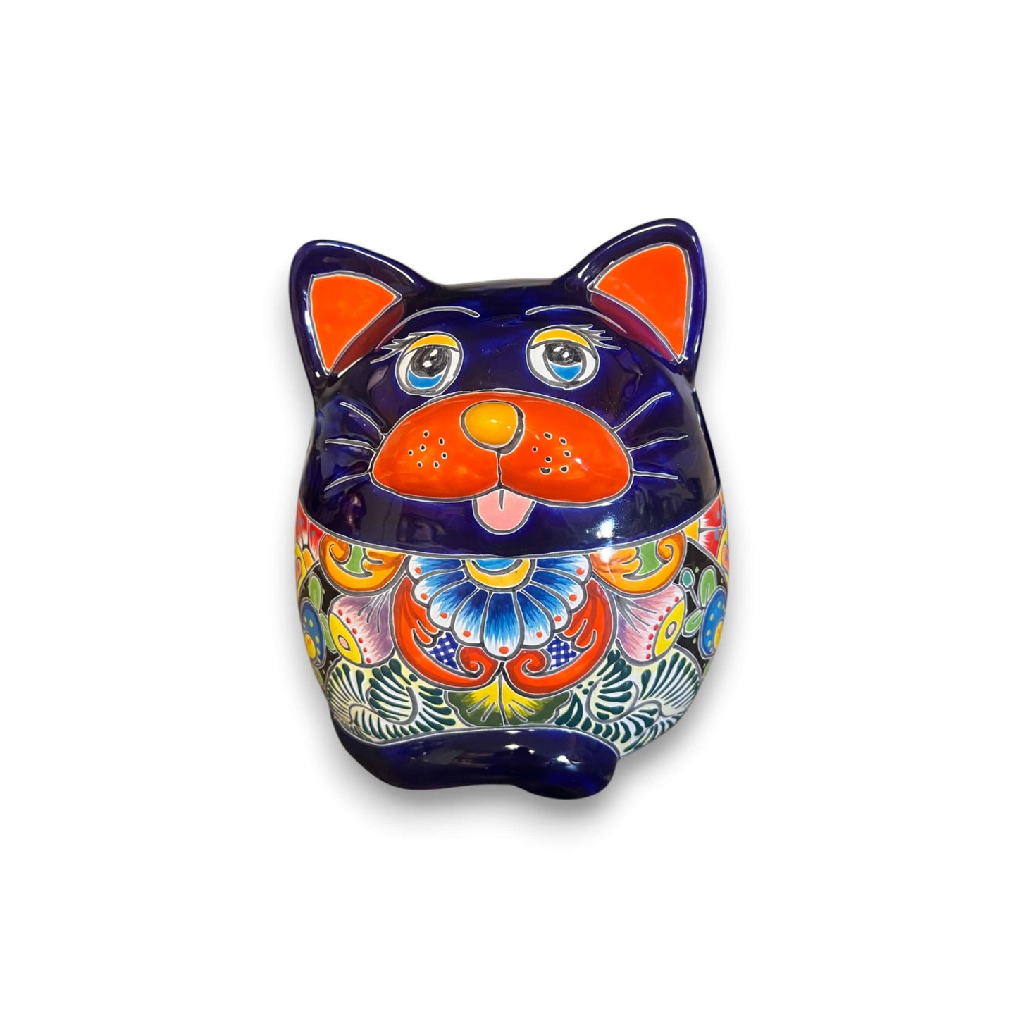Talavera Cat Planter | Handcrafted Fat Cat Ceramic Pot - colorful hand-painted Talavera cat planter with rounded body and floral patterns
