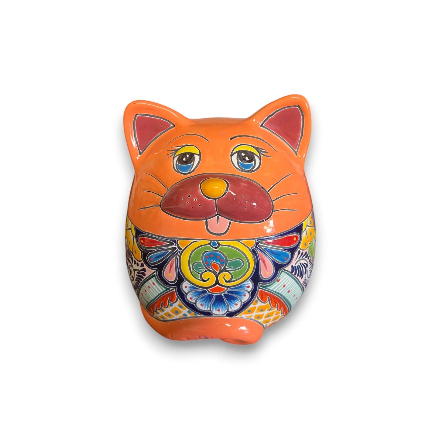 Talavera Cat Planter | Handcrafted Fat Cat Ceramic Pot - orange hand-painted Talavera cat planter with floral pattern
