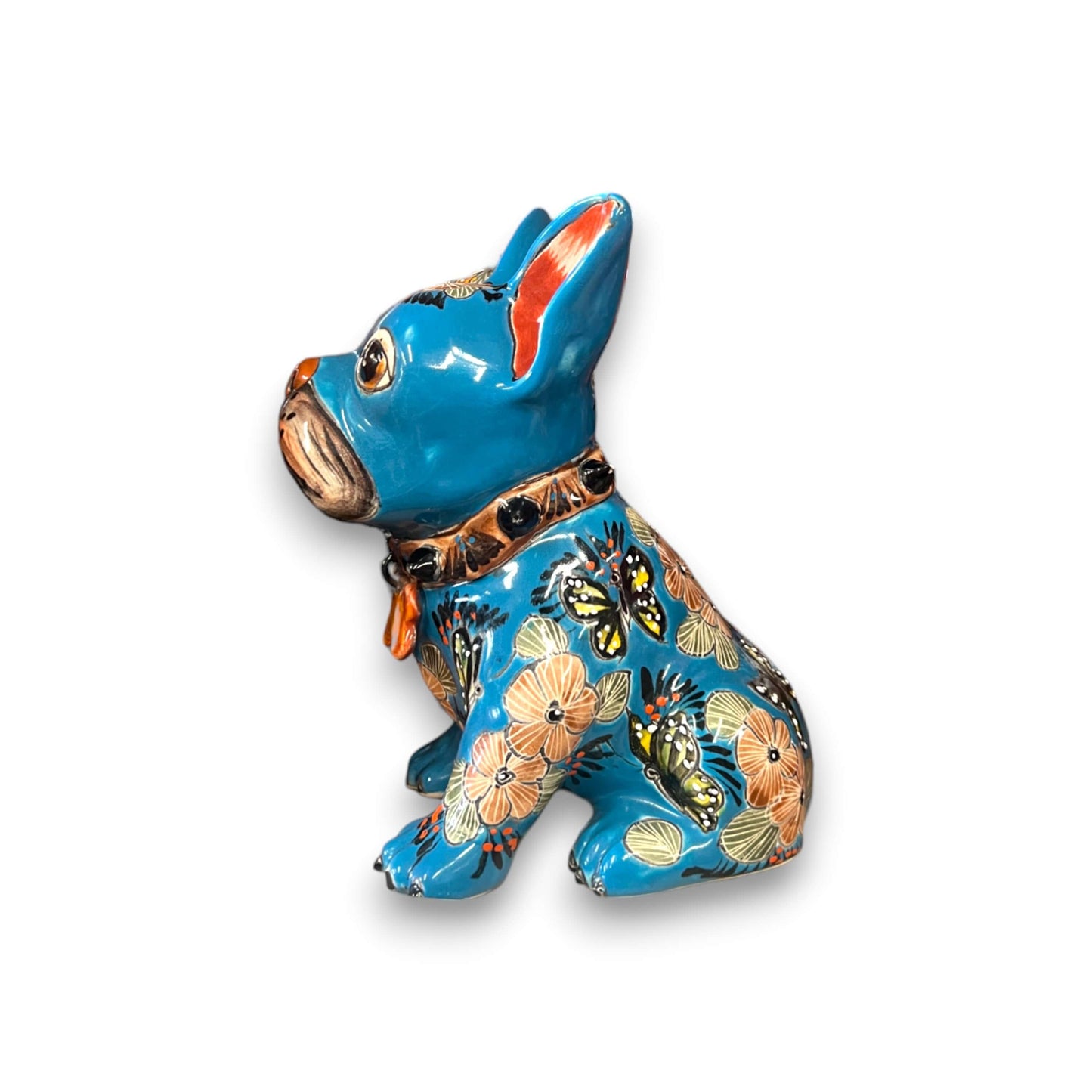 Talavera French Bulldog | Handcrafted Mexican Frenchie Statue - 9" hand-painted Talavera blue Frenchie figurine with floral butterfly design