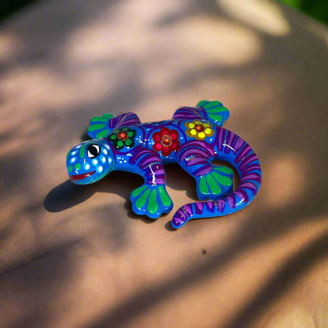 Talavera Lizard Figurine | Mexican Handcrafted Wall Decor - hand-painted Guerrero lizard wall art with vibrant floral patterns and lead-free glaze