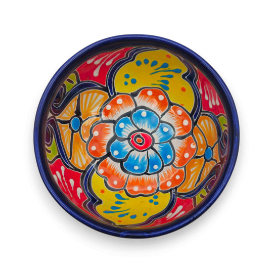 Talavera Salsa Bowl | Handcrafted Mexican Molcajete - vibrant hand-painted floral design in orange blue yellow on three-legged ceramic bowl