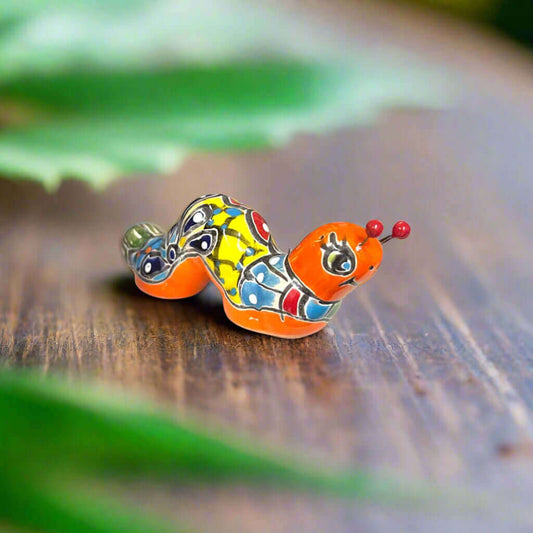Talavera Caterpillar Art | Handcrafted Mexican Ceramic Figurine small hand-painted orange Talavera caterpillar figurine with multicolor floral patterns