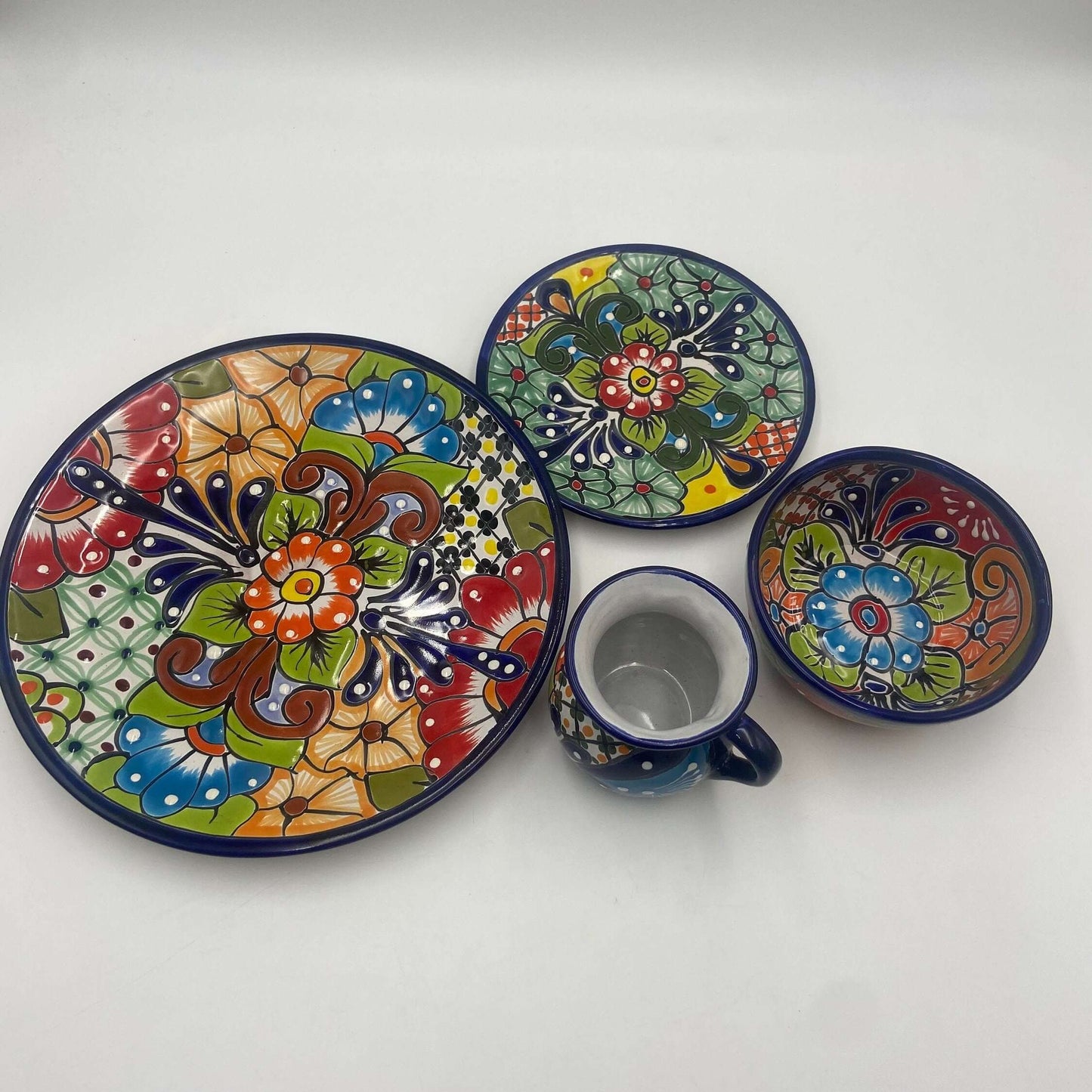 Talavera Dinnerware Set | 34-Piece Mexican Tableware for 8 - hand-painted colorful plates bowls and mug, handcrafted in Guanajuato, Mexico