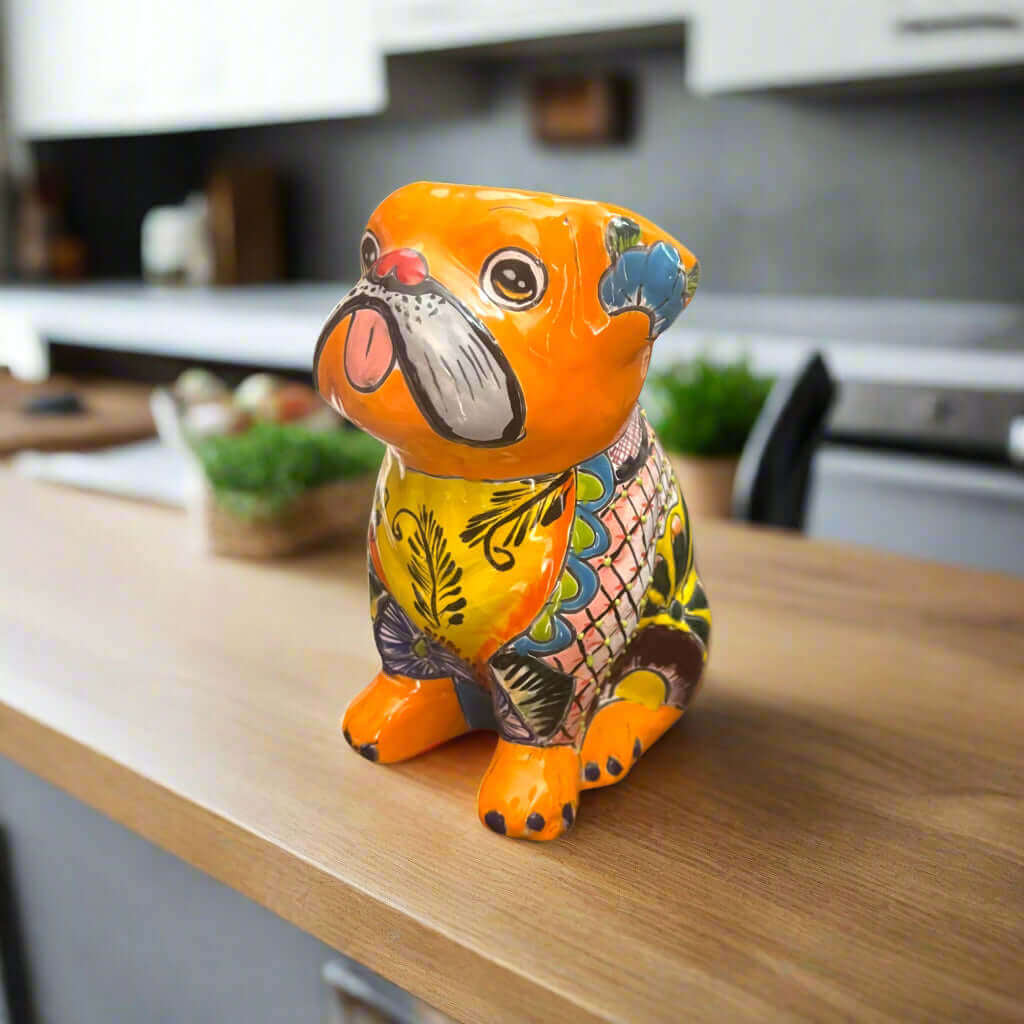 Talavera Bulldog Statue | Colorful Handmade Mexican Art handcrafted orange painted ceramic bulldog with floral Talavera patterns