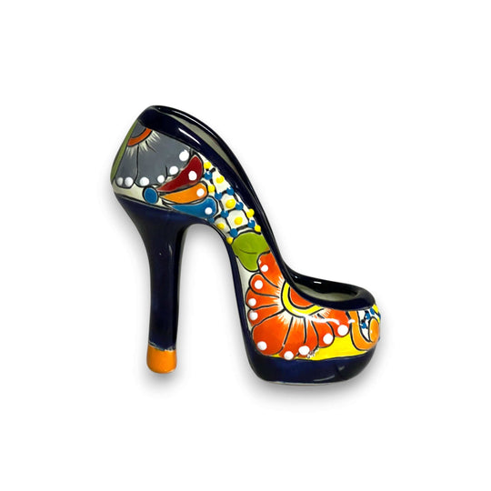 Talavera High Heel Statue | Colorful Handmade Mexican Decor - hand-painted Talavera high heel figurine from Guanajuato, vibrant floral design