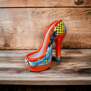 Talavera High Heel Statue | Colorful Handmade Mexican Decor - hand-painted Talavera ceramic high heel on wood shelf