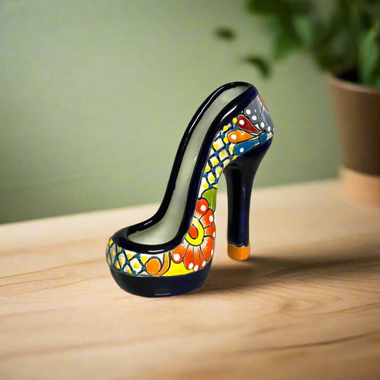 Talavera High Heel Statue | Colorful Handmade Mexican Decor - hand-painted Talavera ceramic high heel from Guanajuato workshop