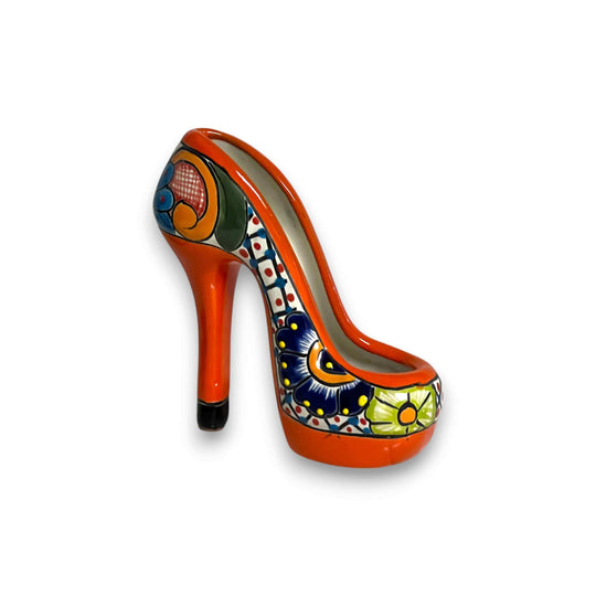 Talavera High Heel Statue | Colorful Handmade Mexican Decor - hand-painted orange Talavera ceramic high heel decor piece