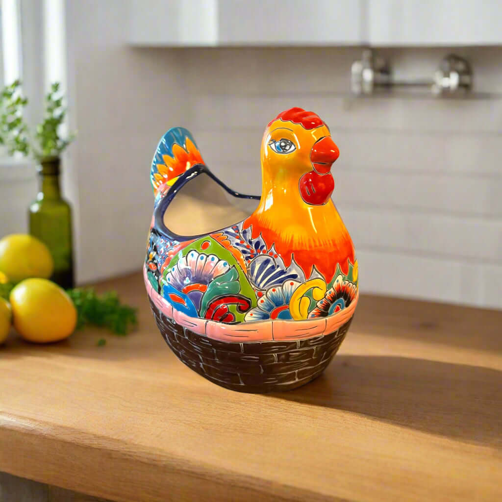 Talavera Chicken Planter | Hand-Painted Mexican Ceramic Statue — vibrant hand-painted Talavera chicken planter with floral patterns, kiln-fired lead-free glaze