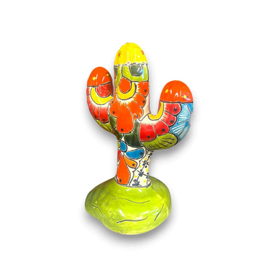Colorful Talavera Cactus Sculpture | Mexican Ceramic Decor hand-painted green cactus with multicolor floral motifs, kiln-fired lead-free glaze
