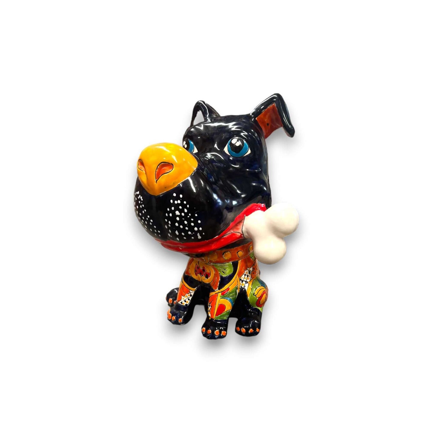 Talavera Dog with Bone | Handpainted Ceramic Canine Decor (Extra Large) - handpainted black Talavera ceramic dog holding bone, colorful floral patterns, lead-free glaze