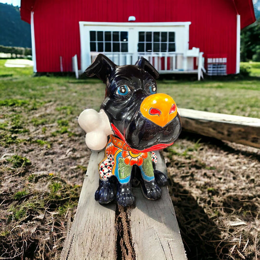 Talavera Dog with Bone | Handpainted Ceramic Canine Decor (Extra Large) - black handpainted Mexican ceramic dog holding a bone, colorful floral details