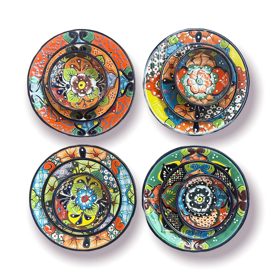 Talavera Dinnerware Set | 43-Piece Floral Tableware for 8 - hand-painted colorful Mexican plates and bowls set, 4 place settings shown